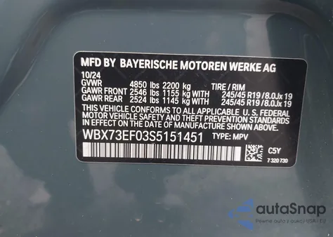 2025 BMW X1 xDrive28I from USA, damaged, VIN WBX73EF03S5151451
